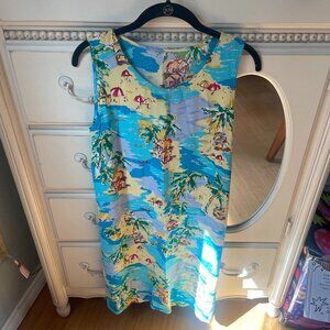 RETRO 90s-vintage Aloha Blue Yellow Outrigger Dress Swimsuit Cover S/M EUC